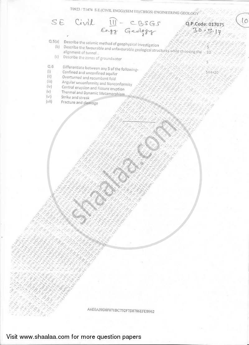 Engineering Geology 2016-2017 - B.E. - Semester 3 (SE Second Year) - University of Mumbai question paper with PDF download