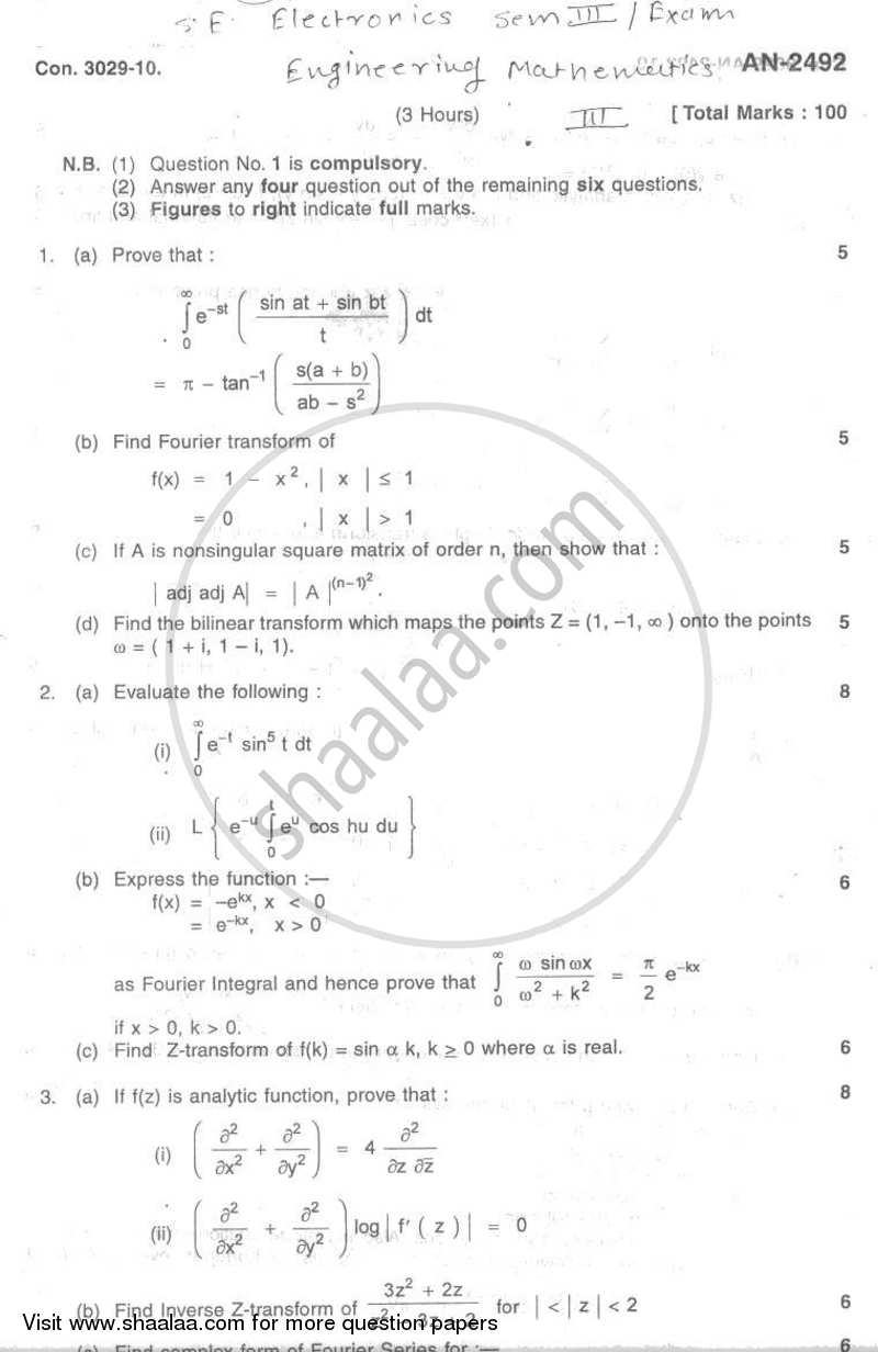 Engineering Mathematics 3 2009-2010 - B.E. - Semester 3 (SE Second Year) - University of Mumbai question paper with PDF download