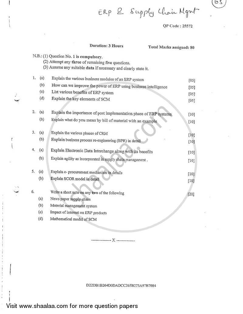 Enterprise Resource Planning and Supply Chain Management (ERP and SCM) 2017-2018 - B.E. - Semester 7 (BE Fourth Year) - University of Mumbai question paper with PDF download