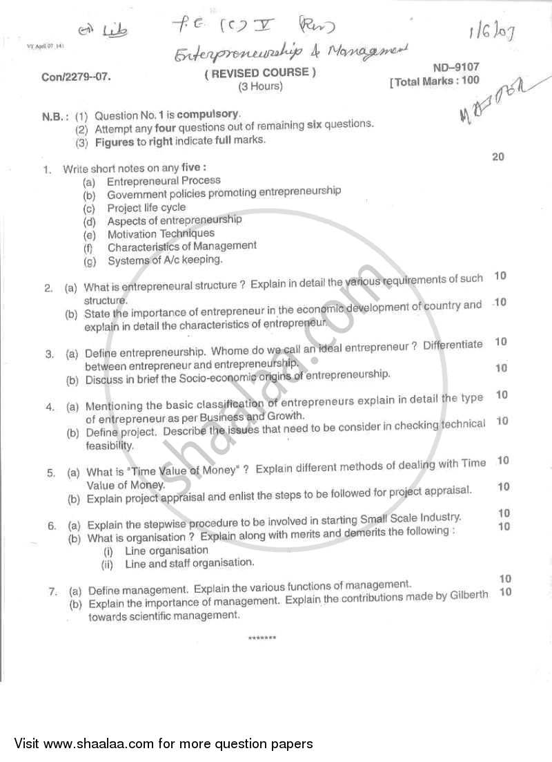 Entrepreneurship and Management 2006-2007 - B.E. - Semester 5 (TE Third Year) - University of Mumbai question paper with PDF download