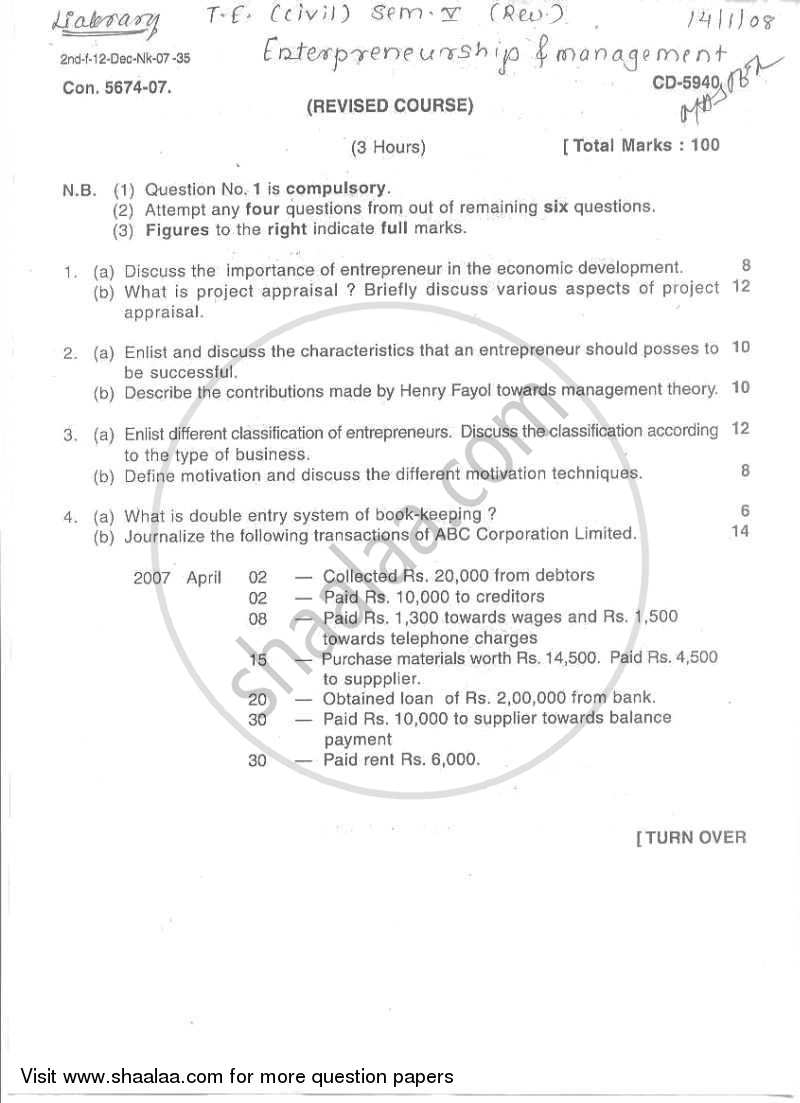 Entrepreneurship and Management 2008-2009 - B.E. - Semester 5 (TE Third Year) - University of Mumbai question paper with PDF download