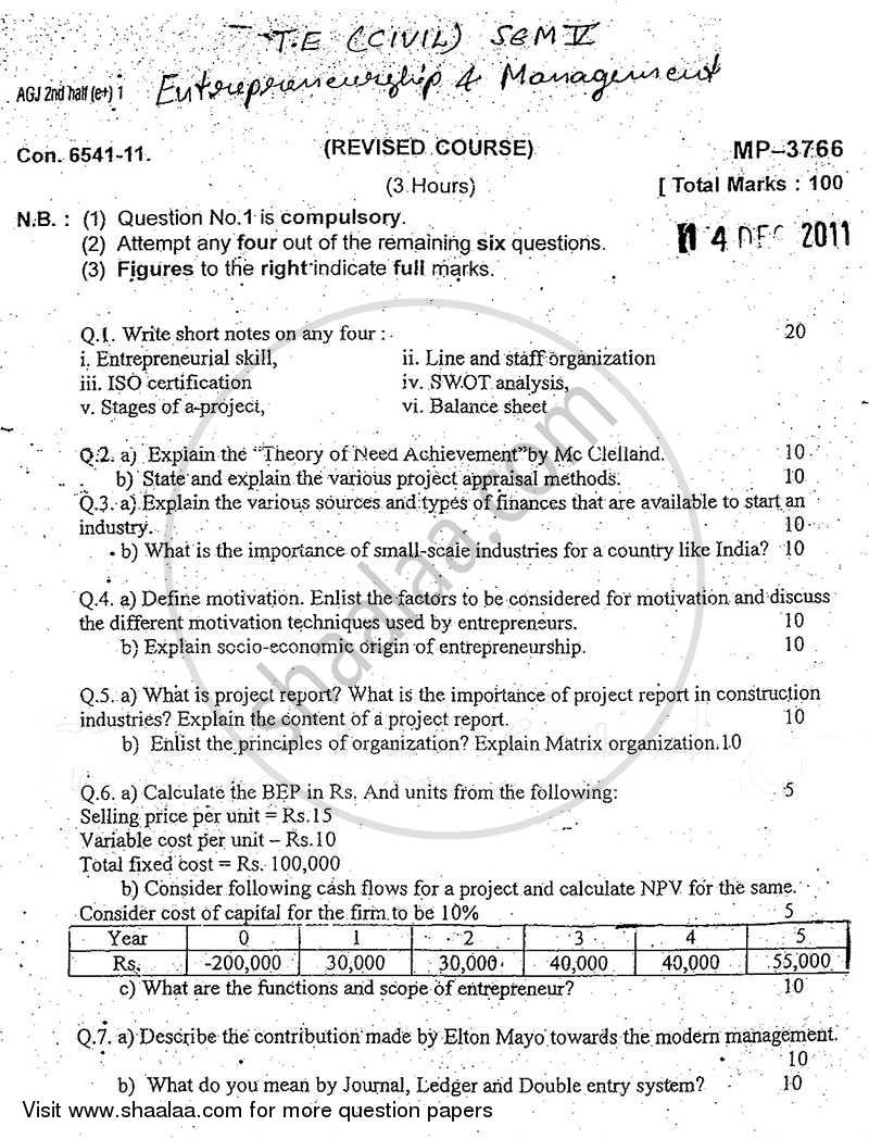 Entrepreneurship and Management 2011-2012 - B.E. - Semester 5 (TE Third Year) - University of Mumbai question paper with PDF download