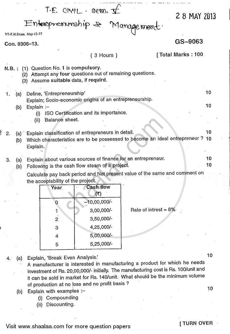 Entrepreneurship and Management 2012-2013 - B.E. - Semester 5 (TE Third Year) - University of Mumbai question paper with PDF download