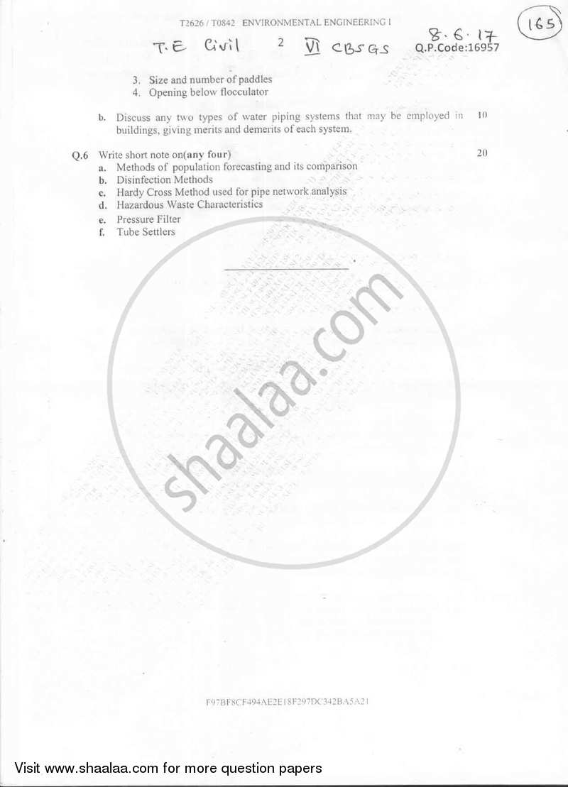 Environmental Engineering-1 2016-2017 - B.E. - Semester 6 (TE Third Year) - University of Mumbai question paper with PDF download
