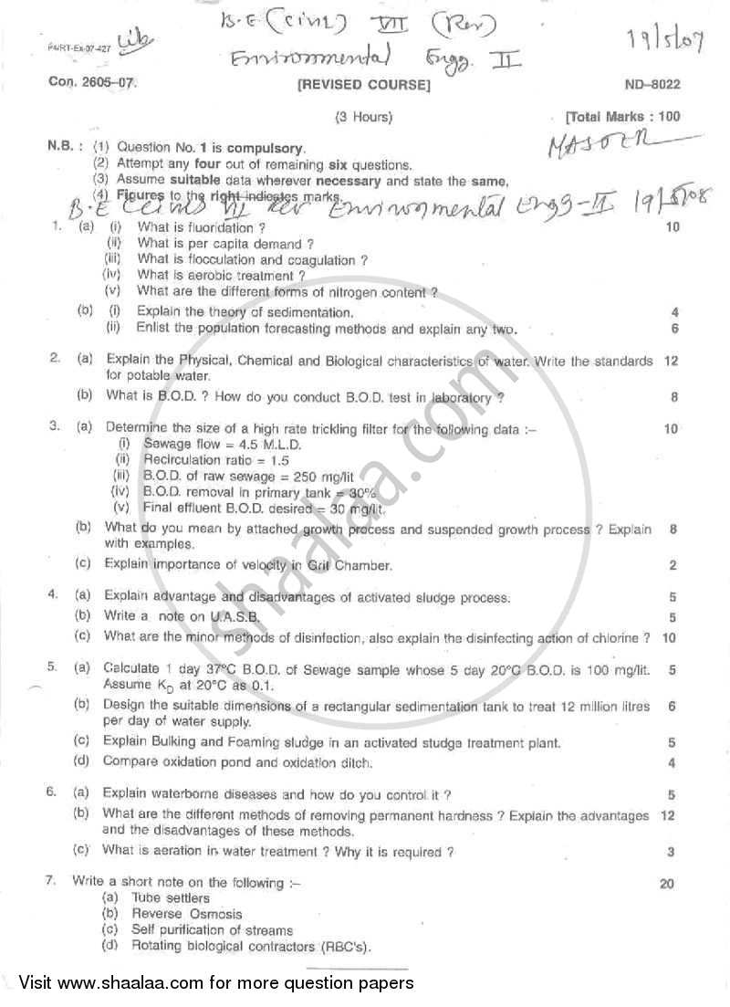 Environmental Engineering 2 2006-2007 - B.E. - Semester 7 (BE Fourth Year) - University of Mumbai question paper with PDF download