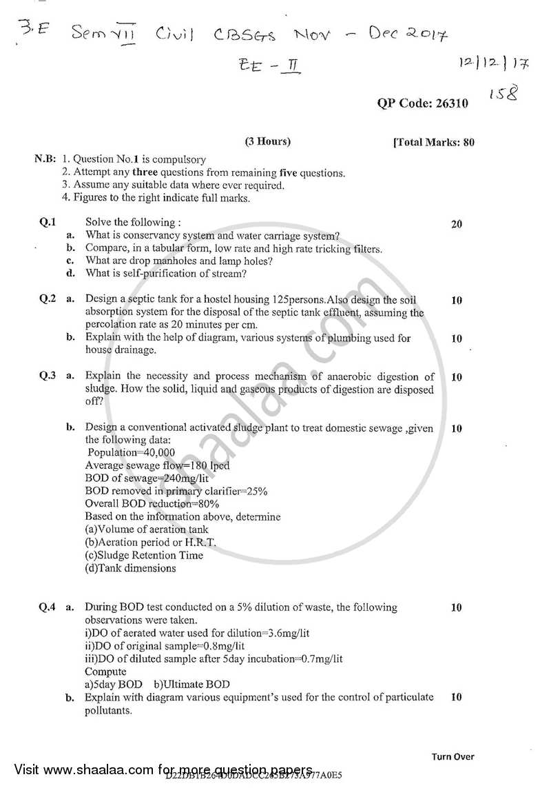 Environmental Engineering 2 2017-2018 - B.E. - Semester 7 (BE Fourth Year) - University of Mumbai question paper with PDF download