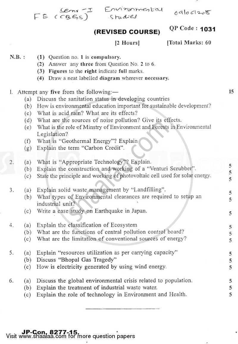 Environmental Studies 2014-2015 - B.E. - Semester 1 (FE First Year) - University of Mumbai question paper with PDF download