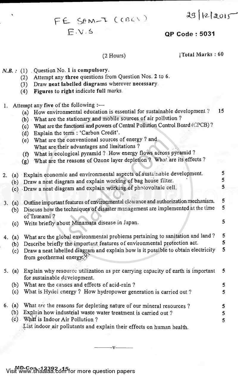Environmental Studies 2015-2016 - B.E. - Semester 1 (FE First Year) - University of Mumbai question paper with PDF download