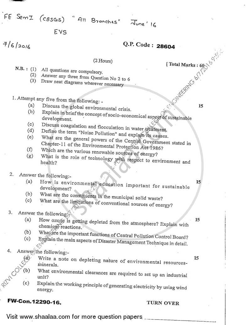 Environmental Studies 2015-2016 - B.E. - Semester 1 (FE First Year) - University of Mumbai question paper with PDF download