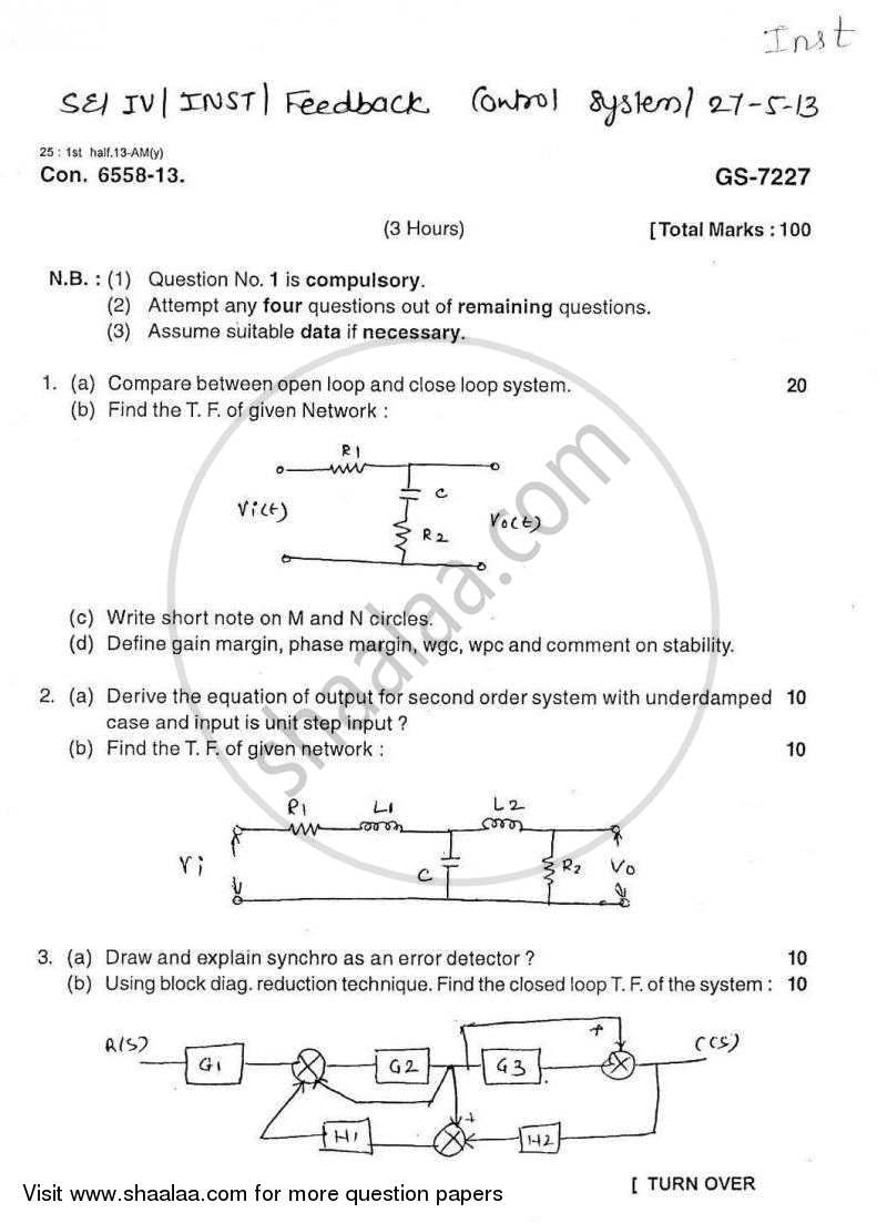 Feedback Control System 2012-2013 - B.E. - Semester 4 (SE Second Year) - University of Mumbai question paper with PDF download