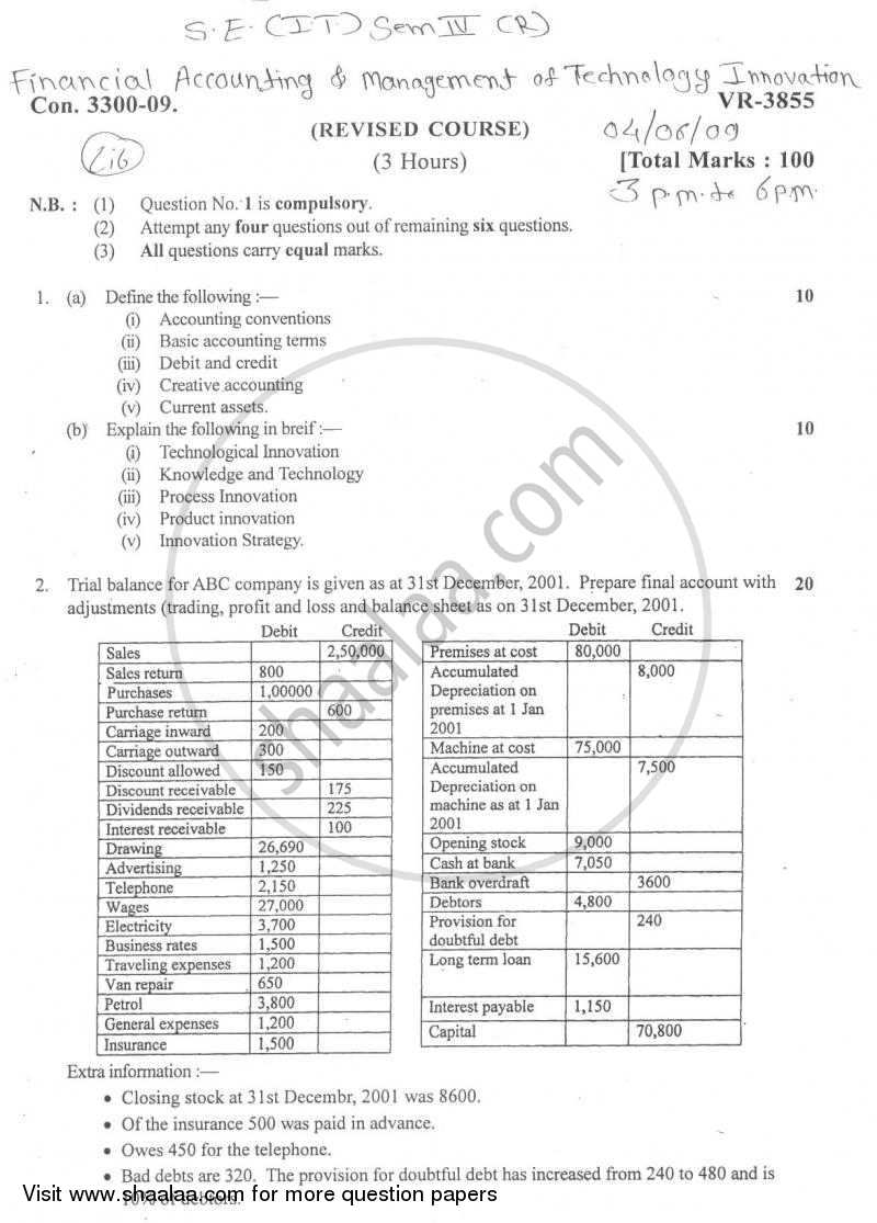 Financial Accounting and Management of Technology Innovation 2008-2009 - B.E. - Semester 4 (SE Second Year) - University of Mumbai question paper with PDF download