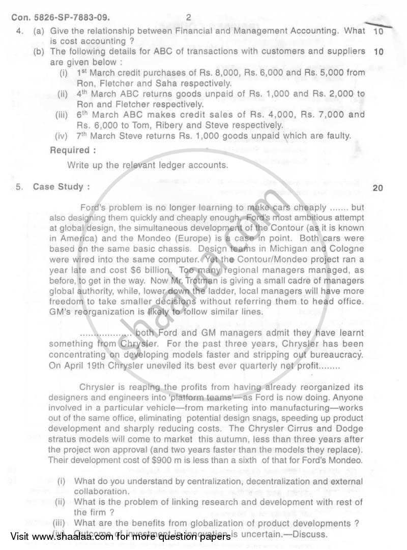 Financial Accounting and Management of Technology Innovation 2009-2010 - B.E. - Semester 4 (SE Second Year) - University of Mumbai question paper with PDF download