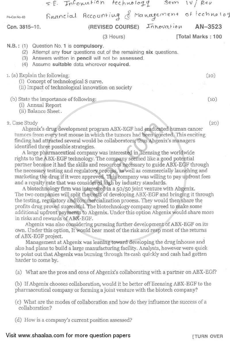 Financial Accounting and Management of Technology Innovation 2009-2010 - B.E. - Semester 4 (SE Second Year) - University of Mumbai question paper with PDF download