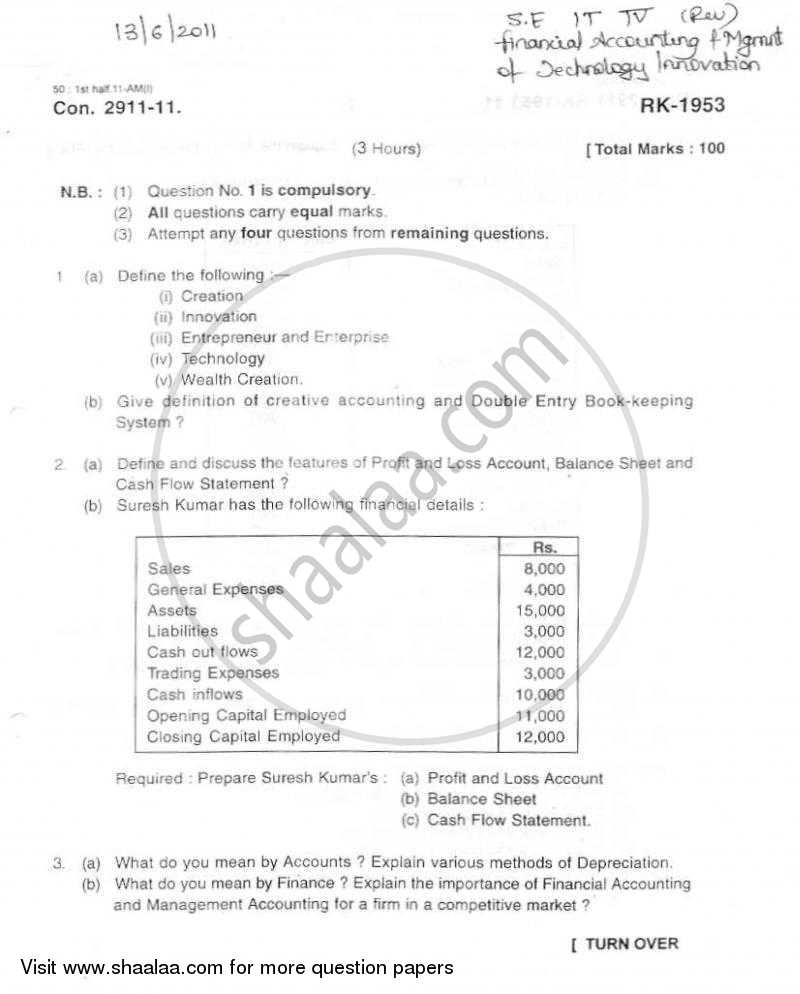 Financial Accounting and Management of Technology Innovation 2010-2011 - B.E. - Semester 4 (SE Second Year) - University of Mumbai question paper with PDF download