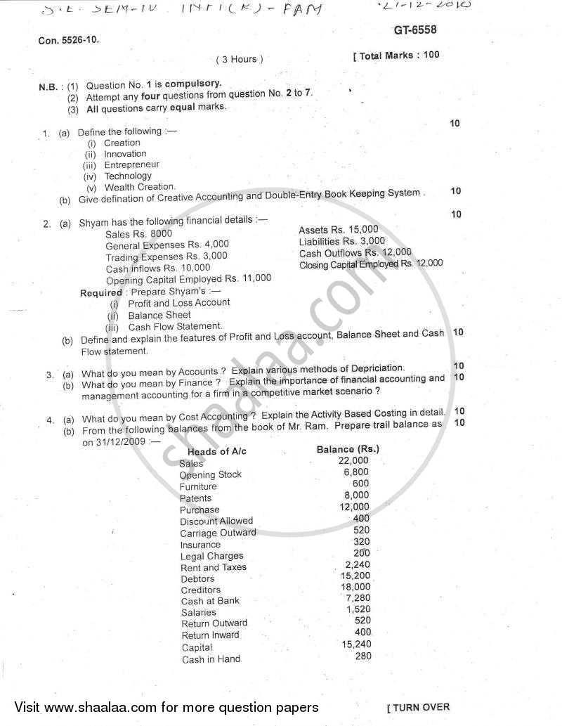 Financial Accounting and Management of Technology Innovation 2010-2011 - B.E. - Semester 4 (SE Second Year) - University of Mumbai question paper with PDF download
