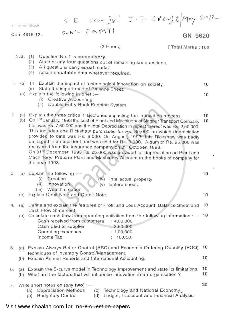Financial Accounting and Management of Technology Innovation 2011-2012 - B.E. - Semester 4 (SE Second Year) - University of Mumbai question paper with PDF download