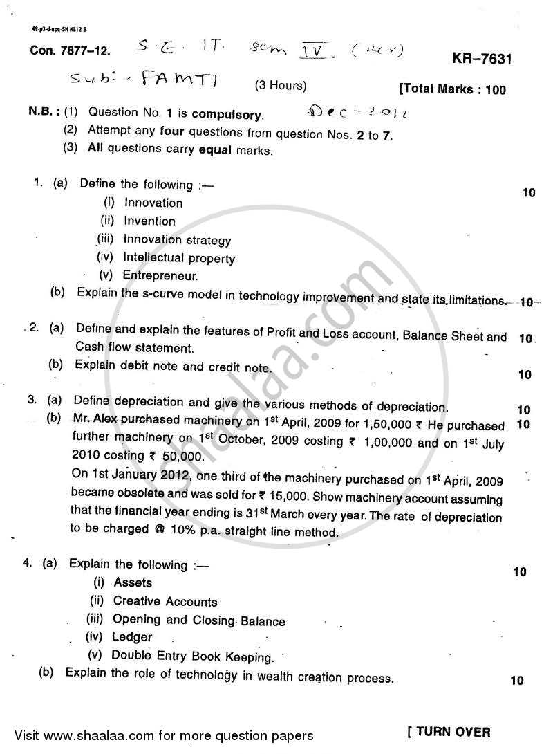 Financial Accounting and Management of Technology Innovation 2012-2013 - B.E. - Semester 4 (SE Second Year) - University of Mumbai question paper with PDF download
