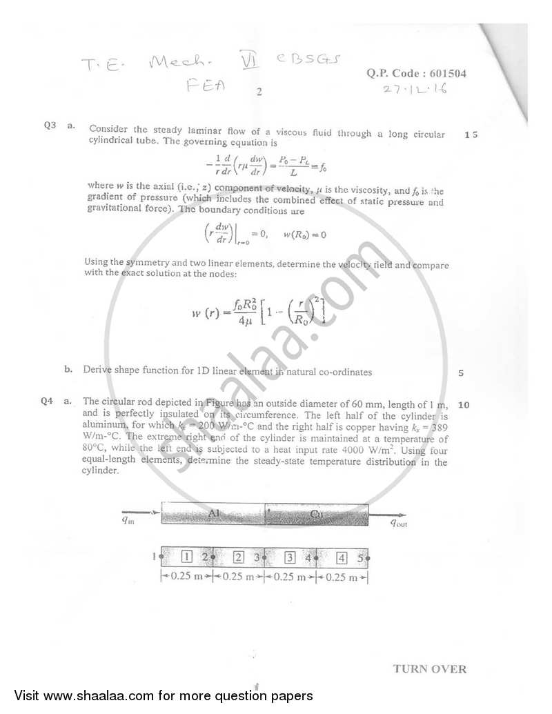 Finite Element Analysis 2016-2017 - B.E. - Semester 6 (TE Third Year) - University of Mumbai question paper with PDF download