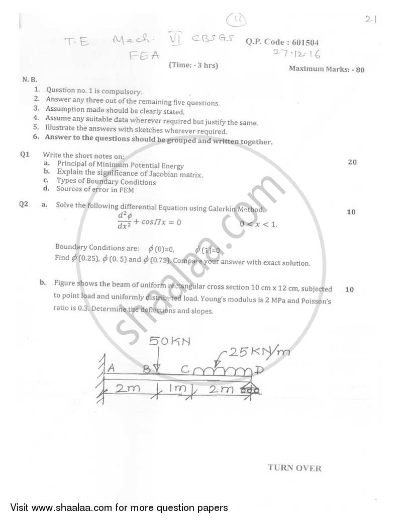 Finite Element Analysis 2016-2017 - B.E. - Semester 6 (TE Third Year) - University of Mumbai question paper with PDF download