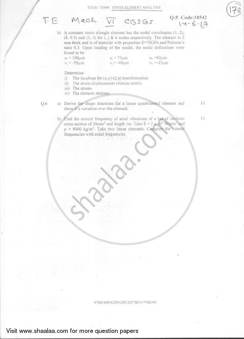 Finite Element Analysis 2016-2017 - B.E. - Semester 6 (TE Third Year) - University of Mumbai question paper with PDF download