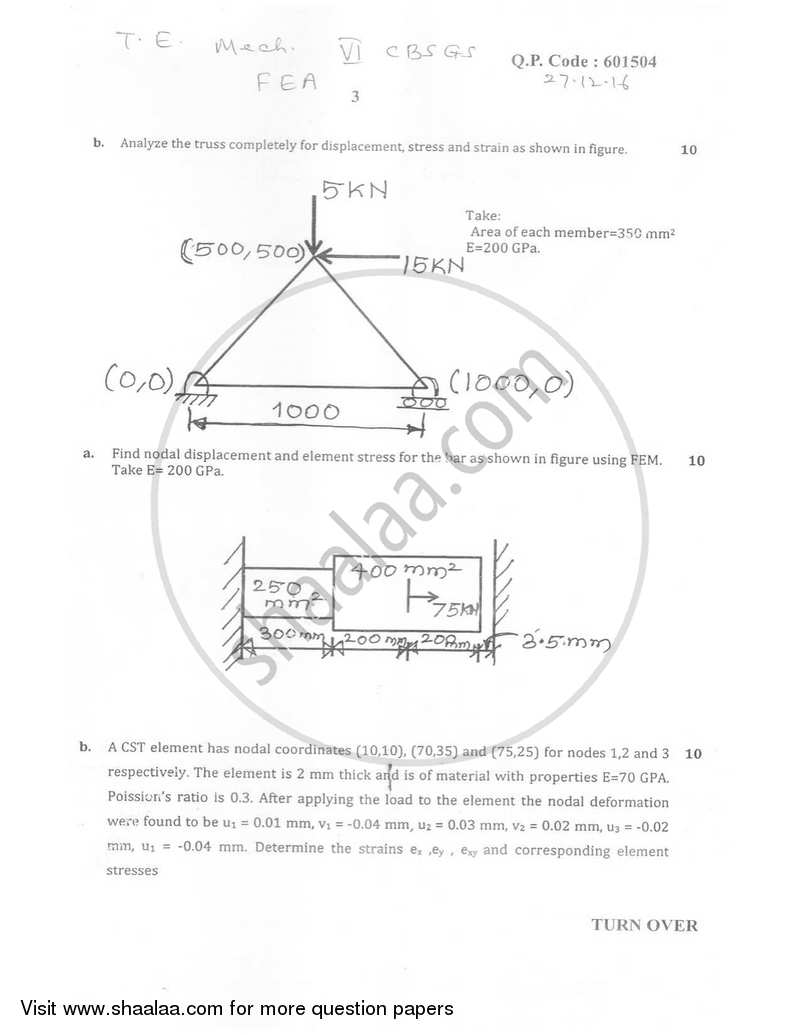 Finite Element Analysis 2016-2017 - B.E. - Semester 6 (TE Third Year) - University of Mumbai question paper with PDF download