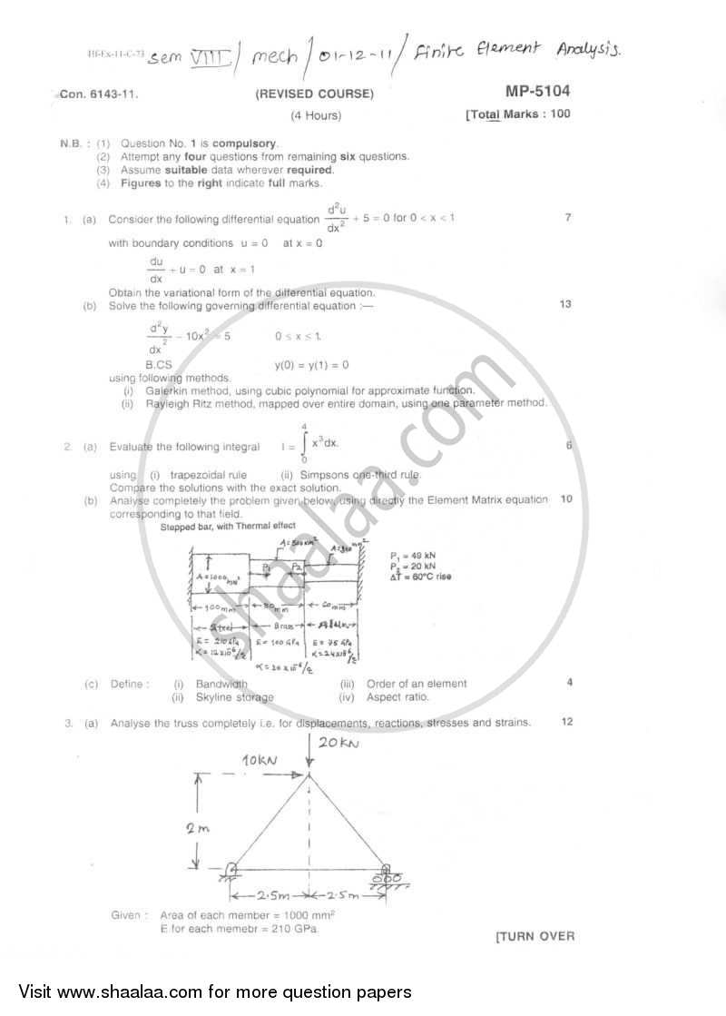 Finite Element Analysis 2011-2012 - B.E. - Semester 8 (BE Fourth Year) - University of Mumbai question paper with PDF download