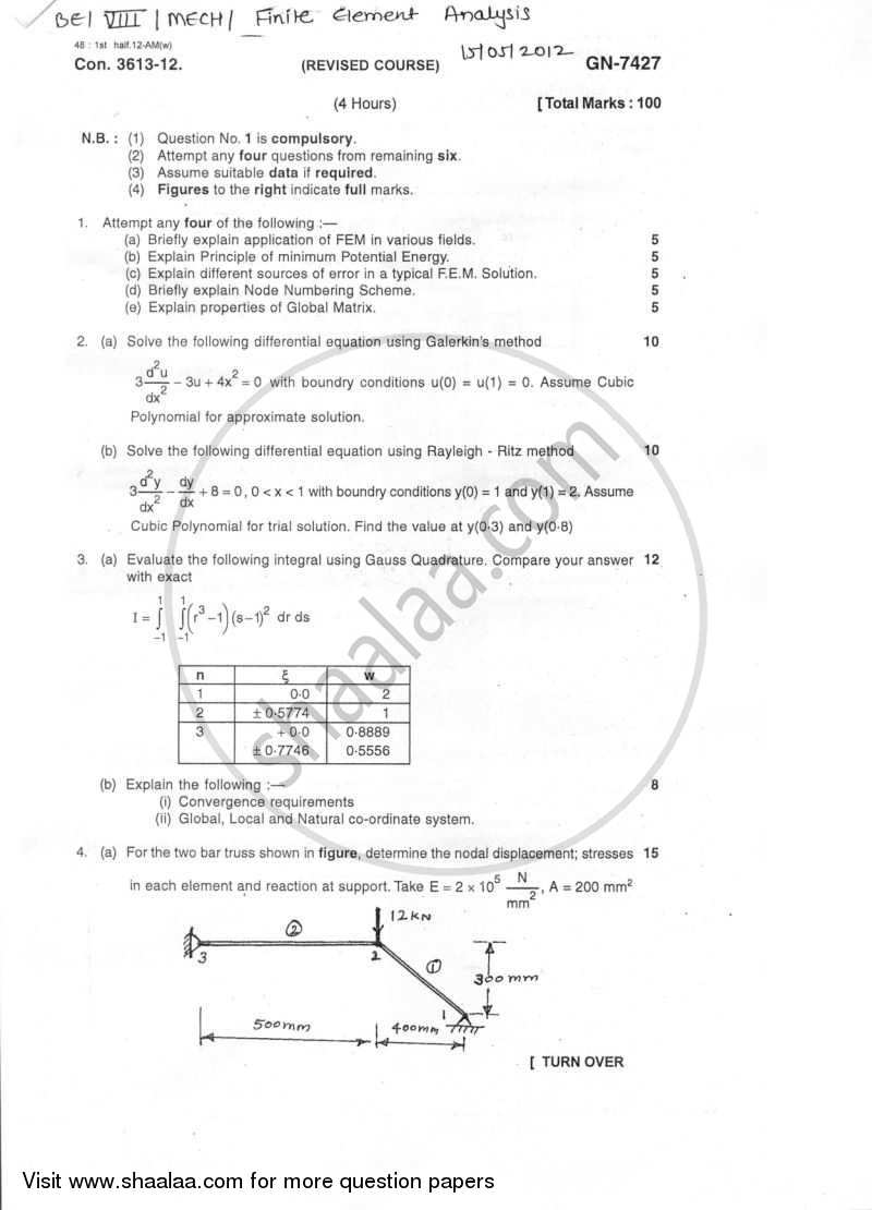 Finite Element Analysis 2011-2012 - B.E. - Semester 8 (BE Fourth Year) - University of Mumbai question paper with PDF download