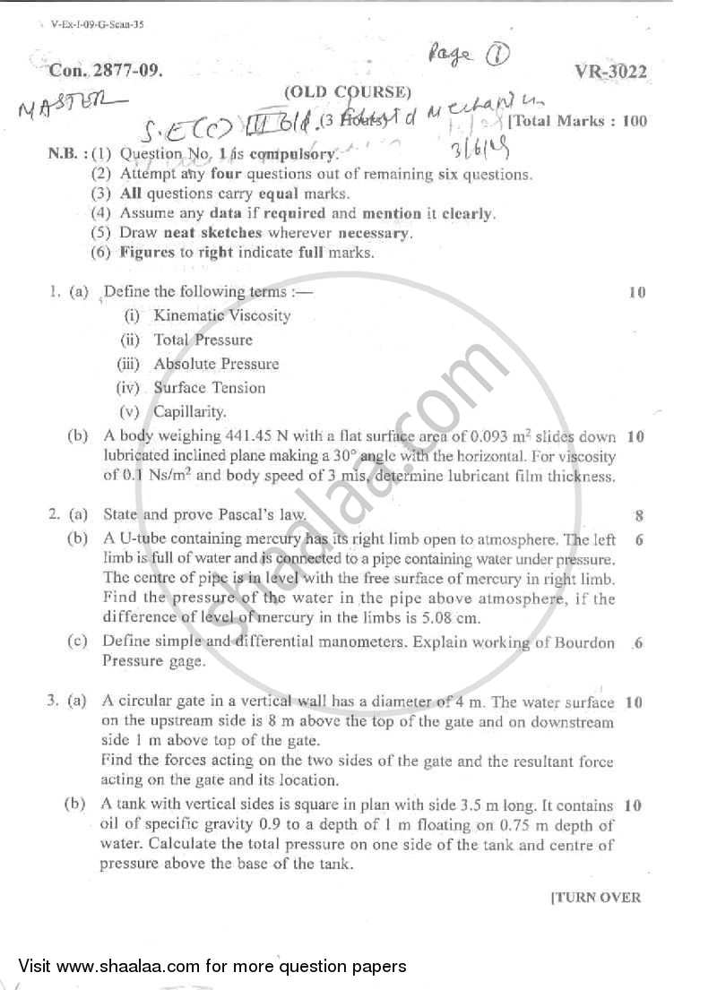 Fluid Mechanics 1 2008-2009 - B.E. - Semester 3 (SE Second Year) - University of Mumbai question paper with PDF download