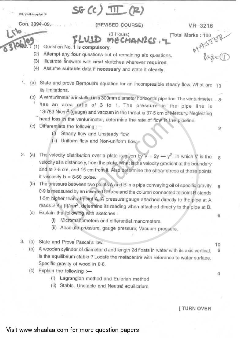 Fluid Mechanics 1 2008-2009 - B.E. - Semester 3 (SE Second Year) - University of Mumbai question paper with PDF download