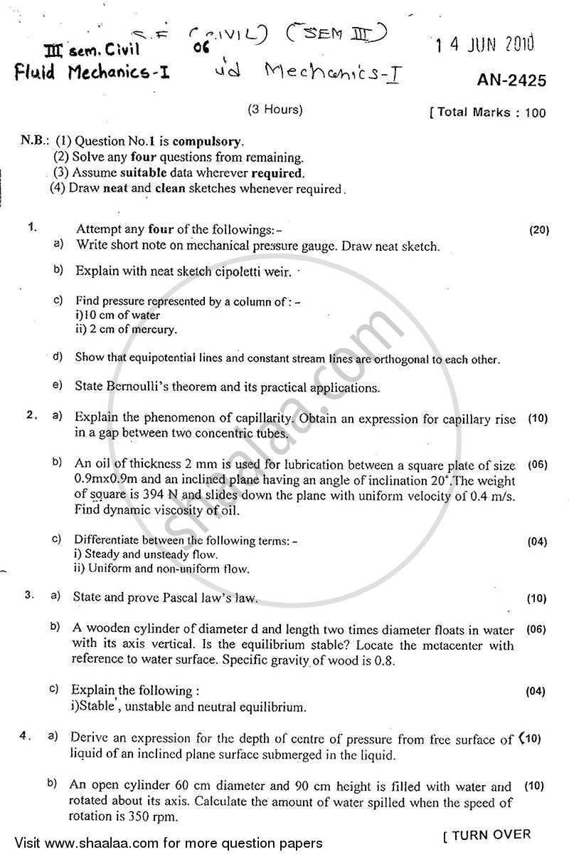 Fluid Mechanics 1 2009-2010 - B.E. - Semester 3 (SE Second Year) - University of Mumbai question paper with PDF download