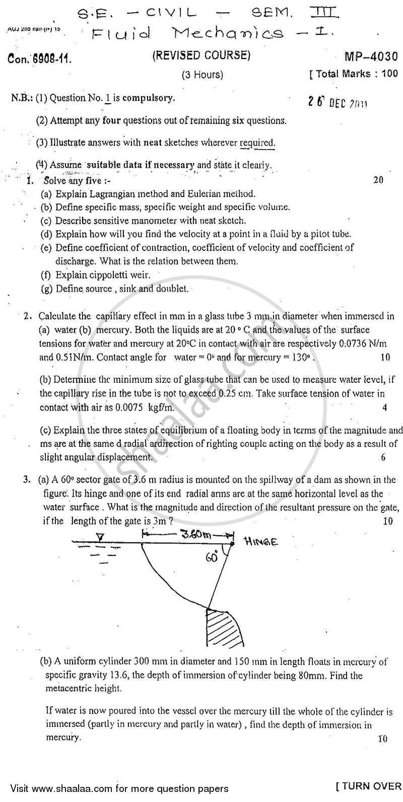 Fluid Mechanics 1 2011-2012 - B.E. - Semester 3 (SE Second Year) - University of Mumbai question paper with PDF download