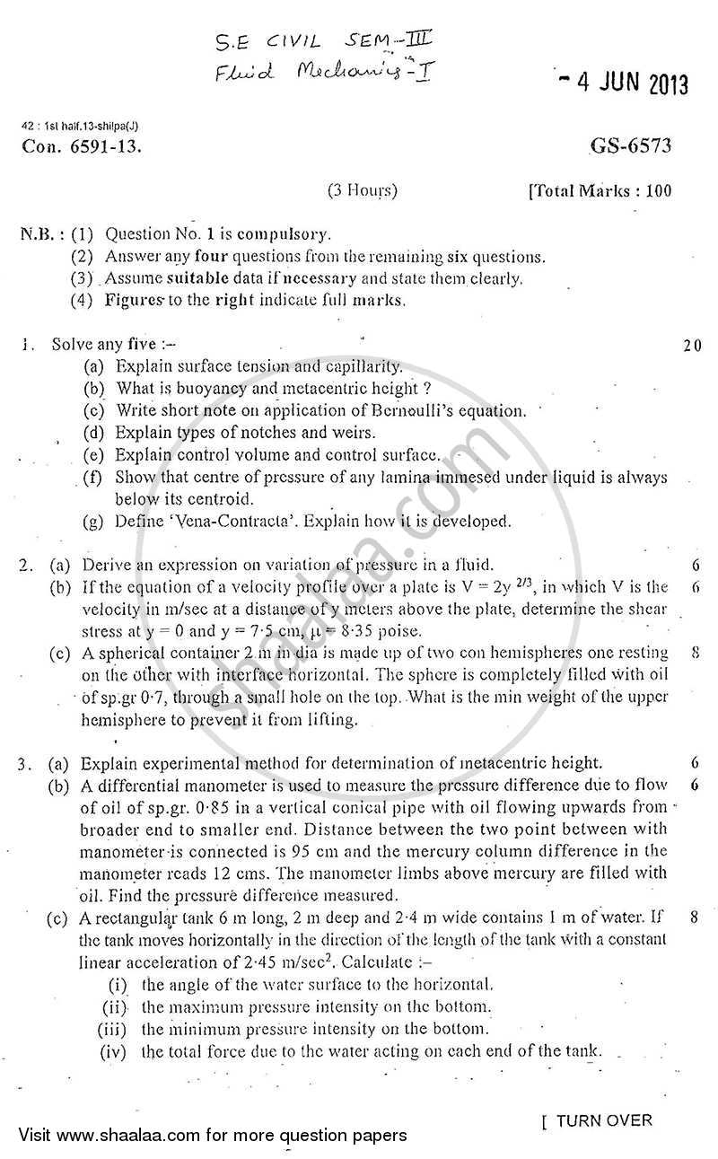 Fluid Mechanics 1 2012-2013 - B.E. - Semester 3 (SE Second Year) - University of Mumbai question paper with PDF download