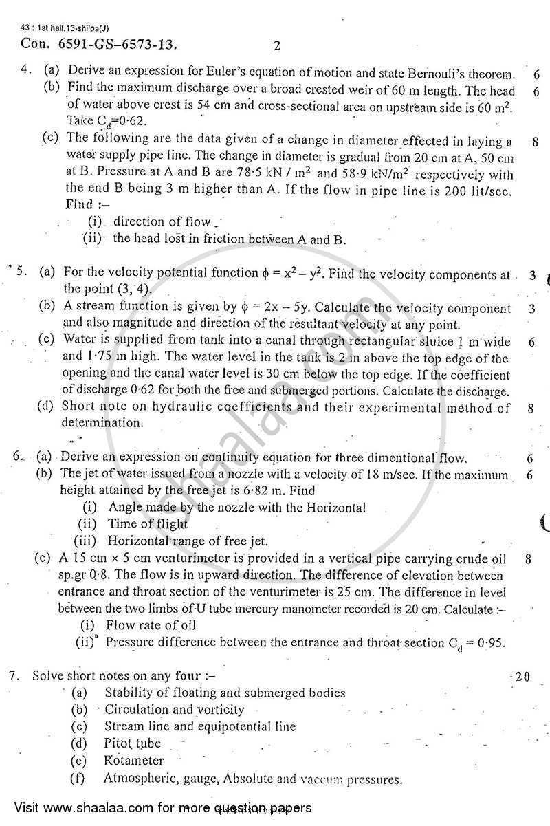 Fluid Mechanics 1 2012-2013 - B.E. - Semester 3 (SE Second Year) - University of Mumbai question paper with PDF download