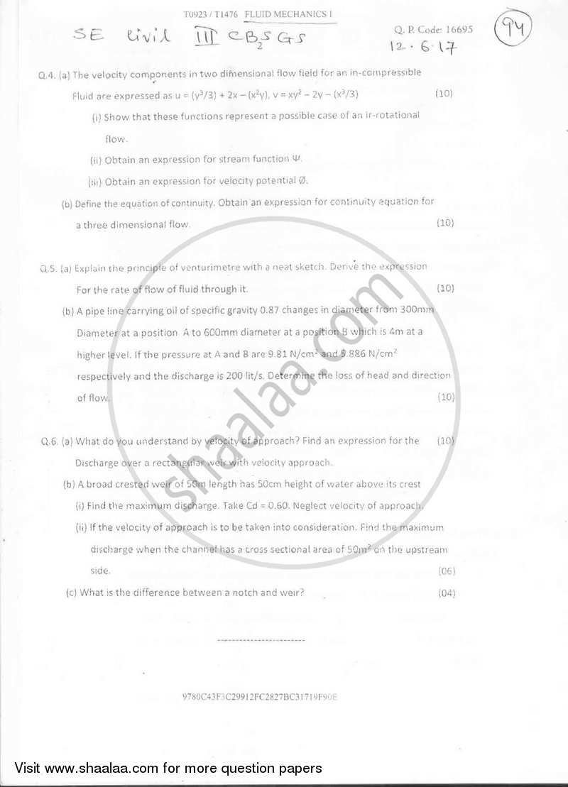 Fluid Mechanics 1 2016-2017 - B.E. - Semester 3 (SE Second Year) - University of Mumbai question paper with PDF download