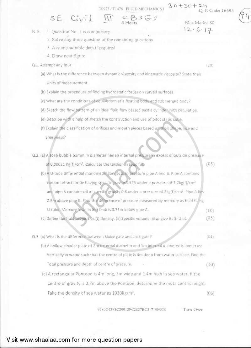 Fluid Mechanics 1 2016-2017 - B.E. - Semester 3 (SE Second Year) - University of Mumbai question paper with PDF download