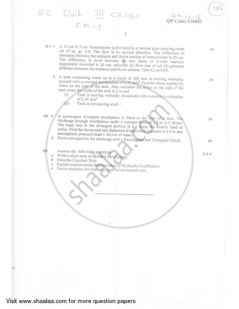 Fluid Mechanics 1 2016-2017 - B.E. - Semester 3 (SE Second Year) - University of Mumbai question paper with PDF download