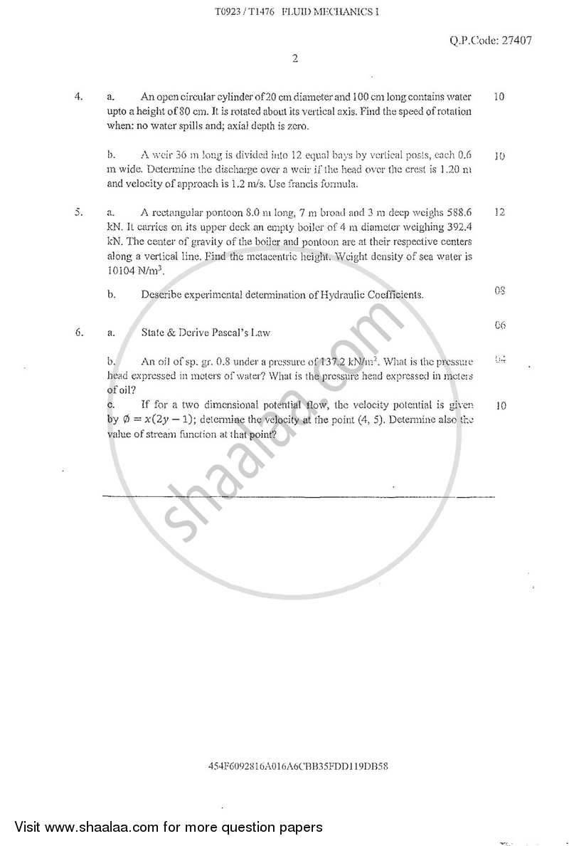 Fluid Mechanics 1 2017-2018 - B.E. - Semester 3 (SE Second Year) - University of Mumbai question paper with PDF download