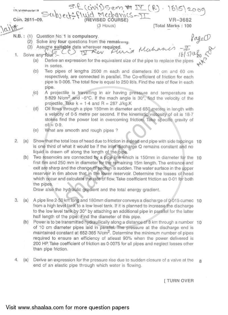 Fluid Mechanics 2 2008-2009 - B.E. - Semester 4 (SE Second Year) - University of Mumbai question paper with PDF download