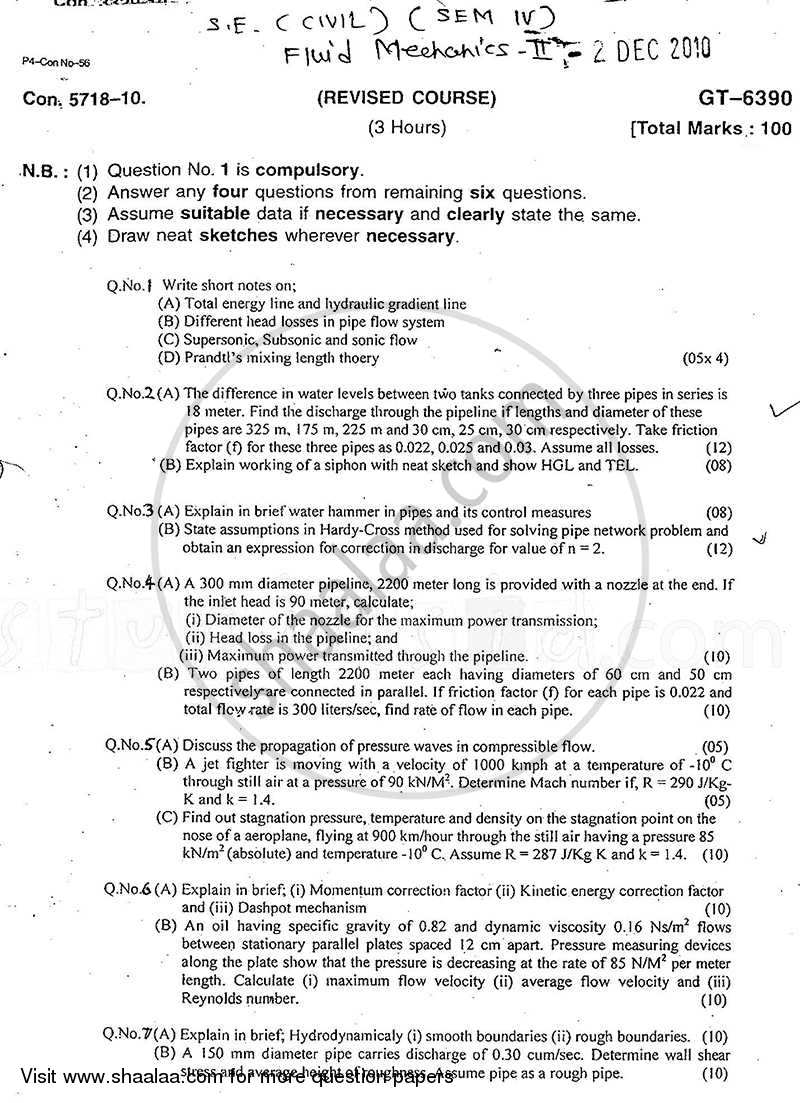 Fluid Mechanics 2 2010-2011 - B.E. - Semester 4 (SE Second Year) - University of Mumbai question paper with PDF download