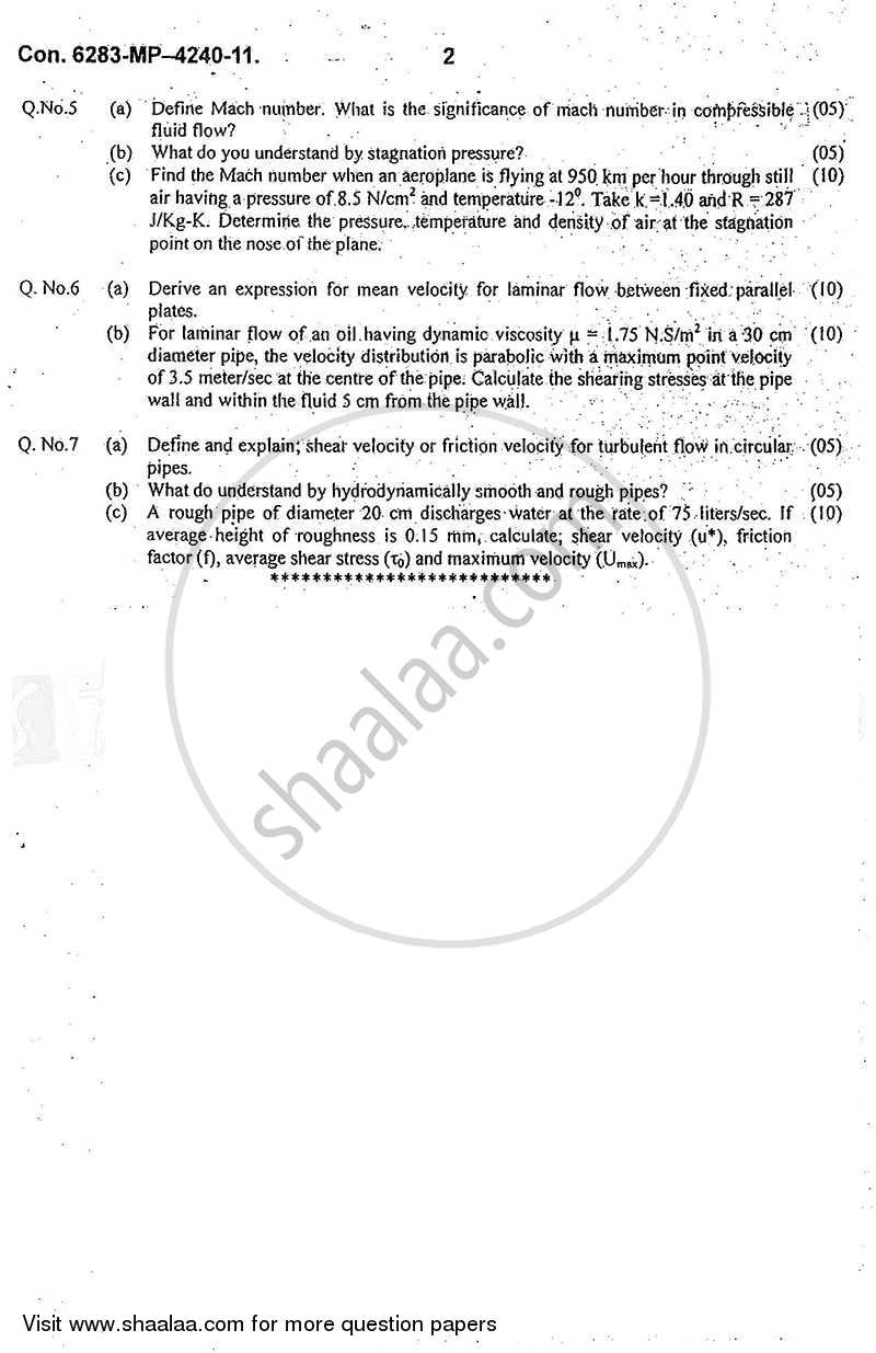 Fluid Mechanics 2 2011-2012 - B.E. - Semester 4 (SE Second Year) - University of Mumbai question paper with PDF download
