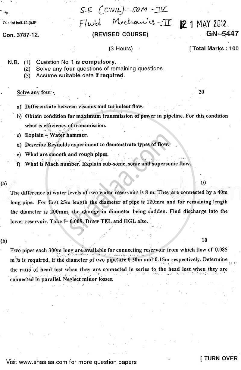 Fluid Mechanics 2 2011-2012 - B.E. - Semester 4 (SE Second Year) - University of Mumbai question paper with PDF download