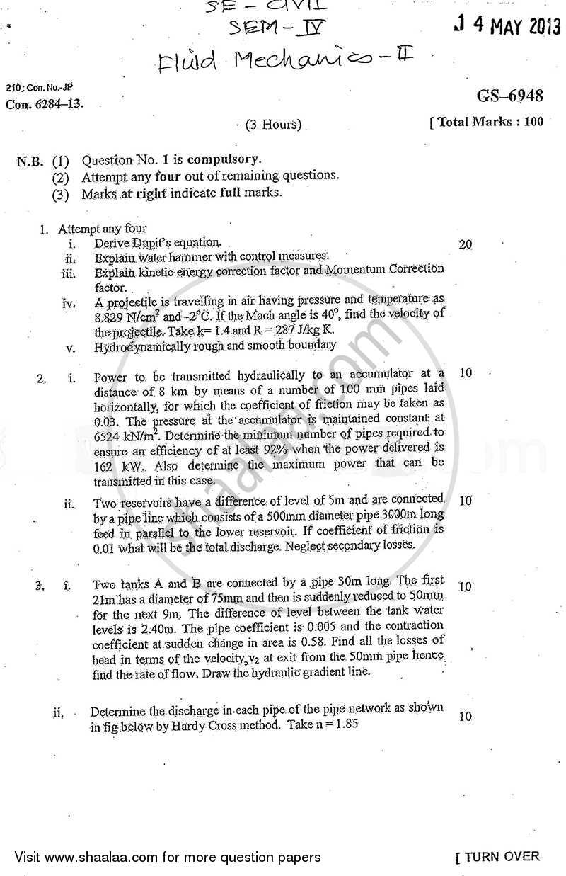 Fluid Mechanics 2 2012-2013 - B.E. - Semester 4 (SE Second Year) - University of Mumbai question paper with PDF download