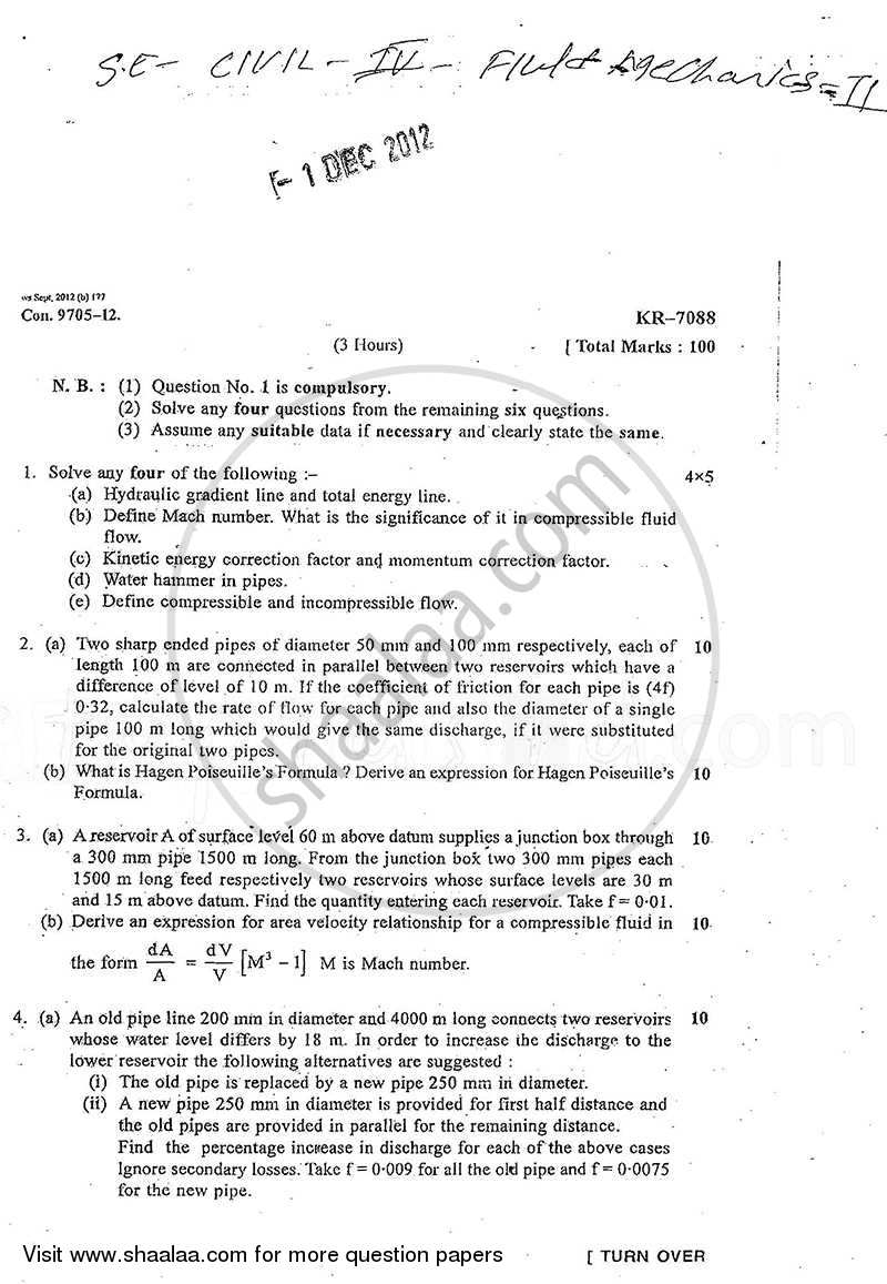 Fluid Mechanics 2 2012-2013 - B.E. - Semester 4 (SE Second Year) - University of Mumbai question paper with PDF download