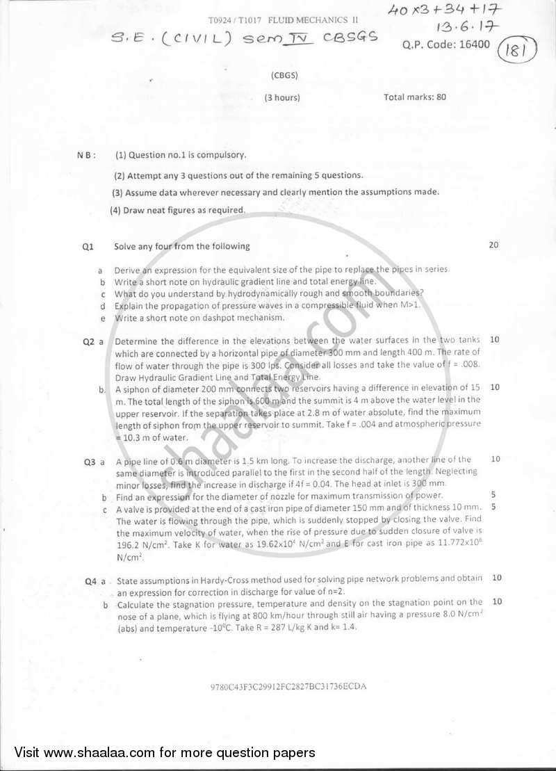 Fluid Mechanics 2 2016-2017 - B.E. - Semester 4 (SE Second Year) - University of Mumbai question paper with PDF download