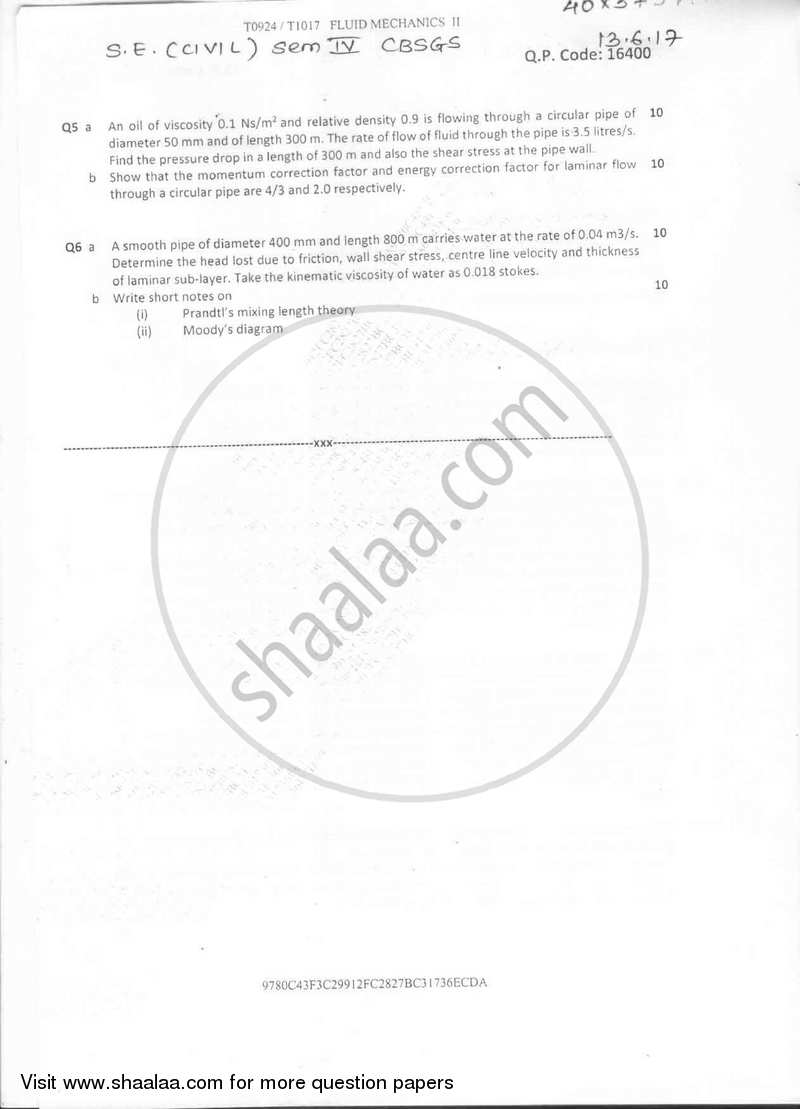 Fluid Mechanics 2 2016-2017 - B.E. - Semester 4 (SE Second Year) - University of Mumbai question paper with PDF download