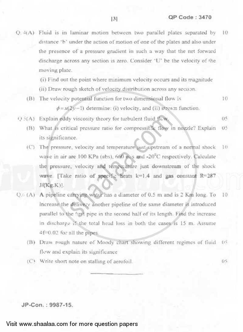 Fluid Mechanics 2014-2015 - B.E. - Semester 4 (SE Second Year) - University of Mumbai question paper with PDF download