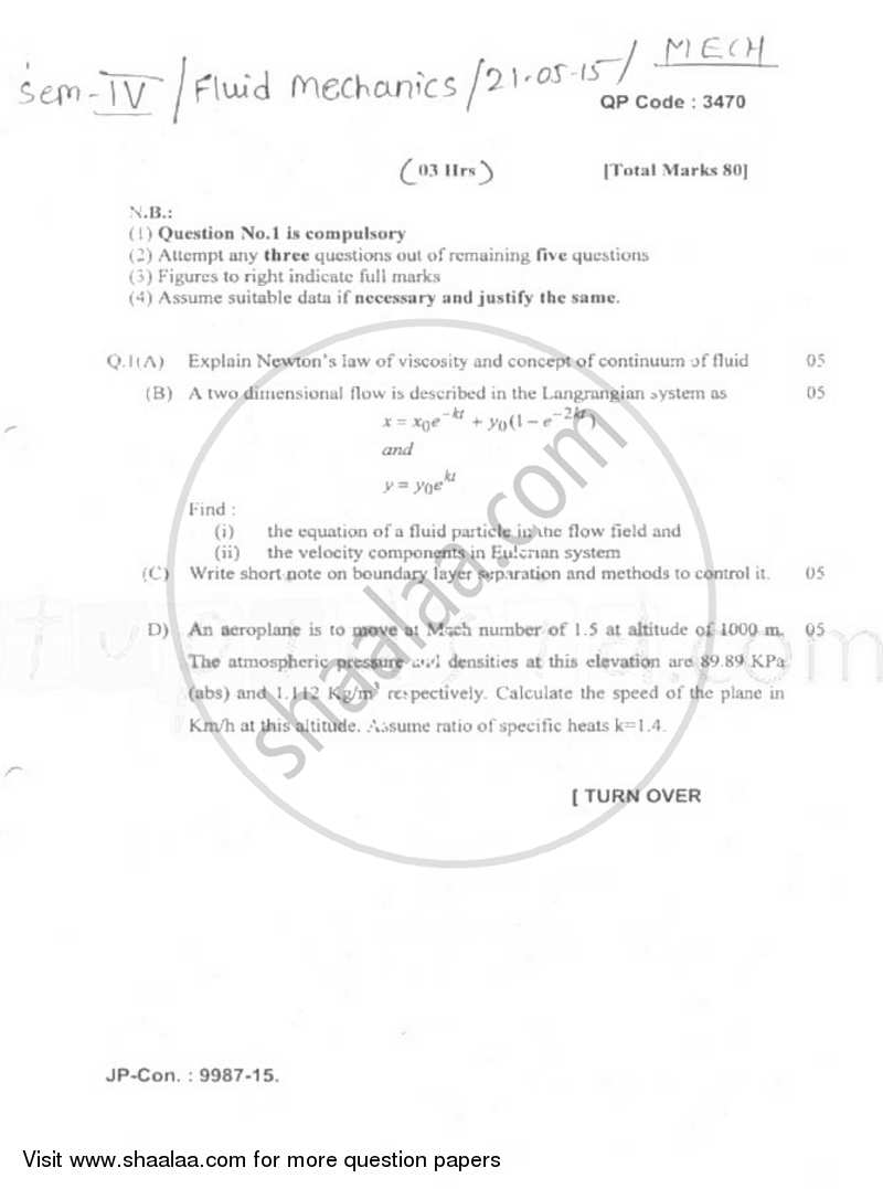 Fluid Mechanics 2014-2015 - B.E. - Semester 4 (SE Second Year) - University of Mumbai question paper with PDF download