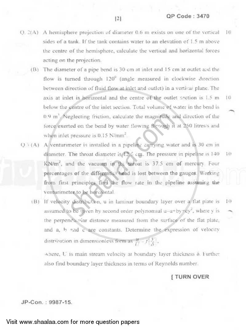 Fluid Mechanics 2014-2015 - B.E. - Semester 4 (SE Second Year) - University of Mumbai question paper with PDF download