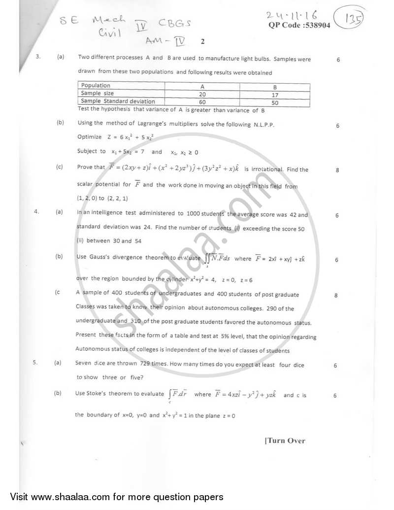 Fluid Mechanics 2016-2017 - B.E. - Semester 4 (SE Second Year) - University of Mumbai question paper with PDF download