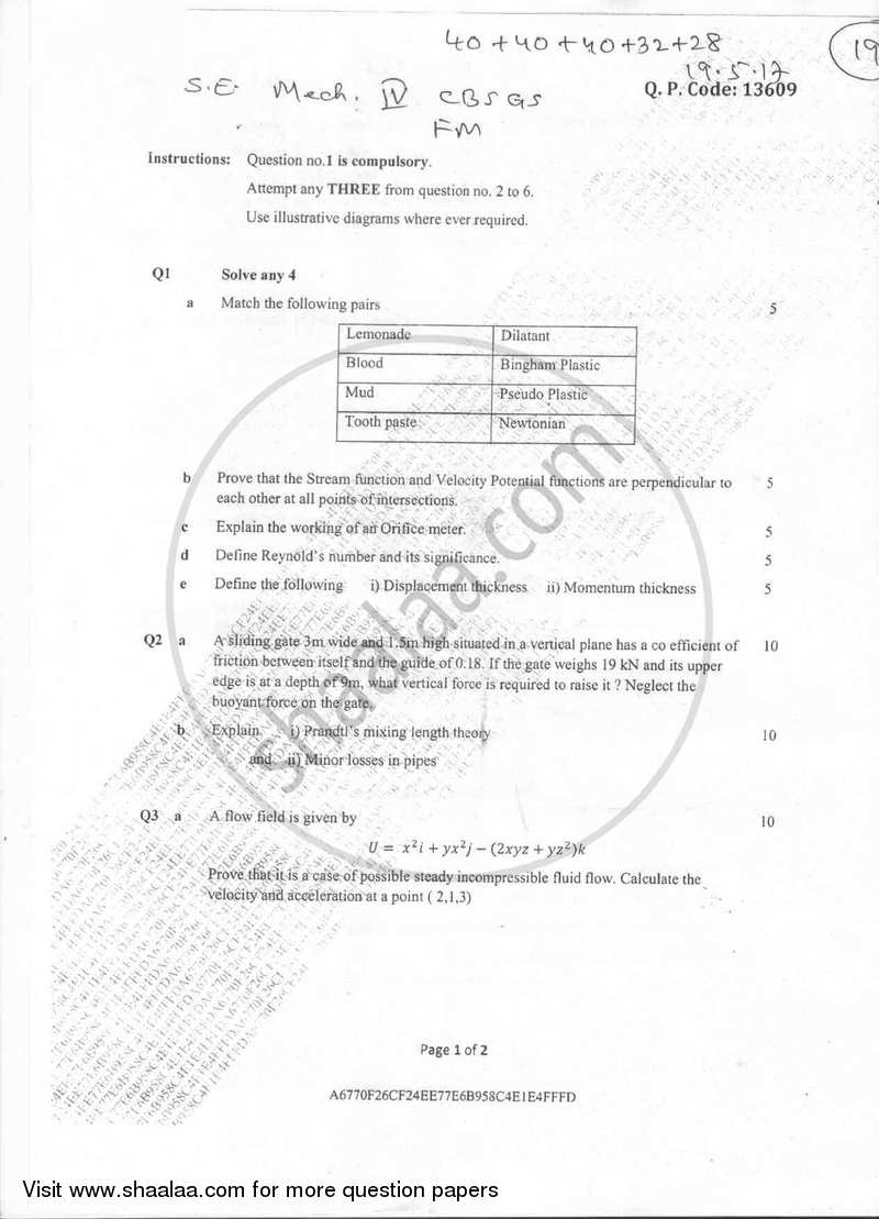 Fluid Mechanics 2016-2017 - B.E. - Semester 4 (SE Second Year) - University of Mumbai question paper with PDF download